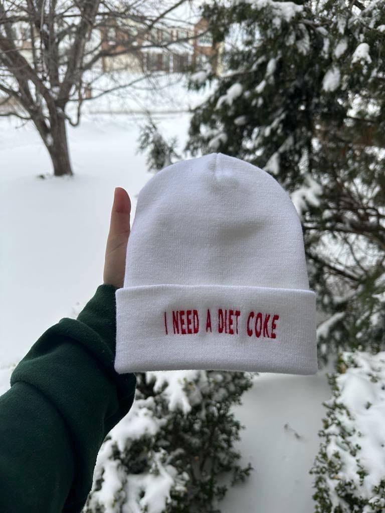 I Need A Diet COKE Embroidered Beanie; Pop Caffiene Cola Drink Custom Beanie; minimalist trendy Sweatshirt