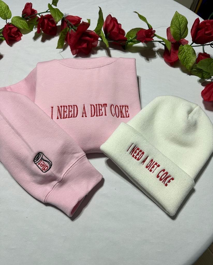 I Need A Diet COKE Embroidered Beanie; Pop Caffiene Cola Drink Custom Beanie; minimalist trendy Sweatshirt