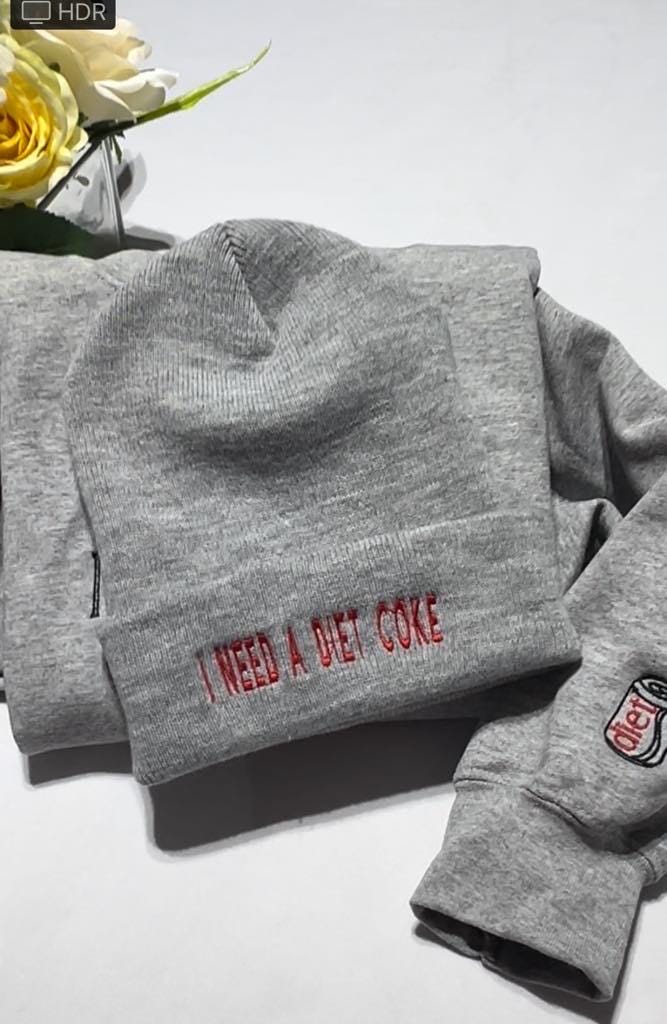 I Need A Diet COKE Embroidered Beanie; Pop Caffiene Cola Drink Custom Beanie; minimalist trendy Sweatshirt