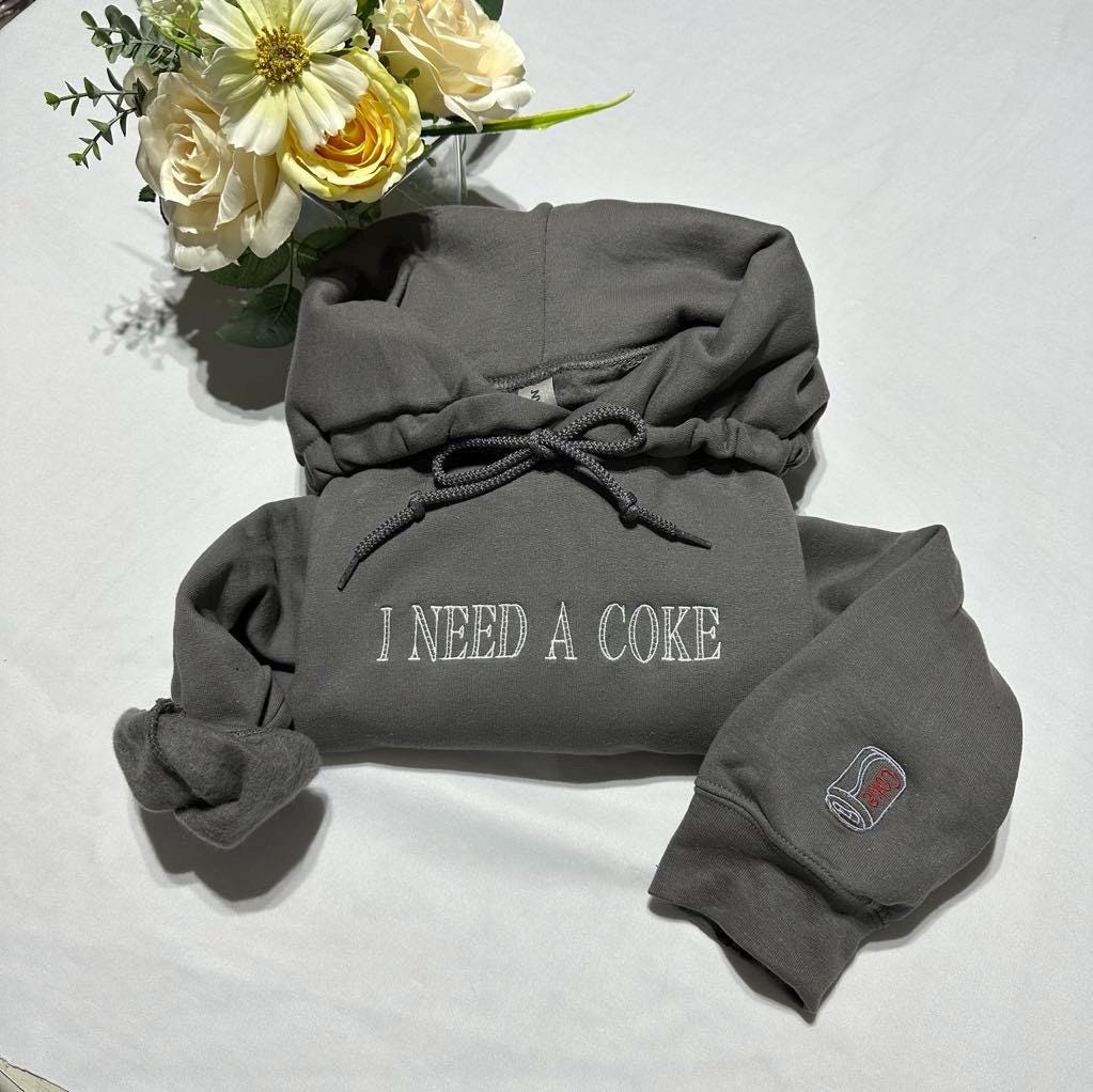 Embroidered "I Need a Coke" Hoodie: Soft Cotton Blend Crew Neck