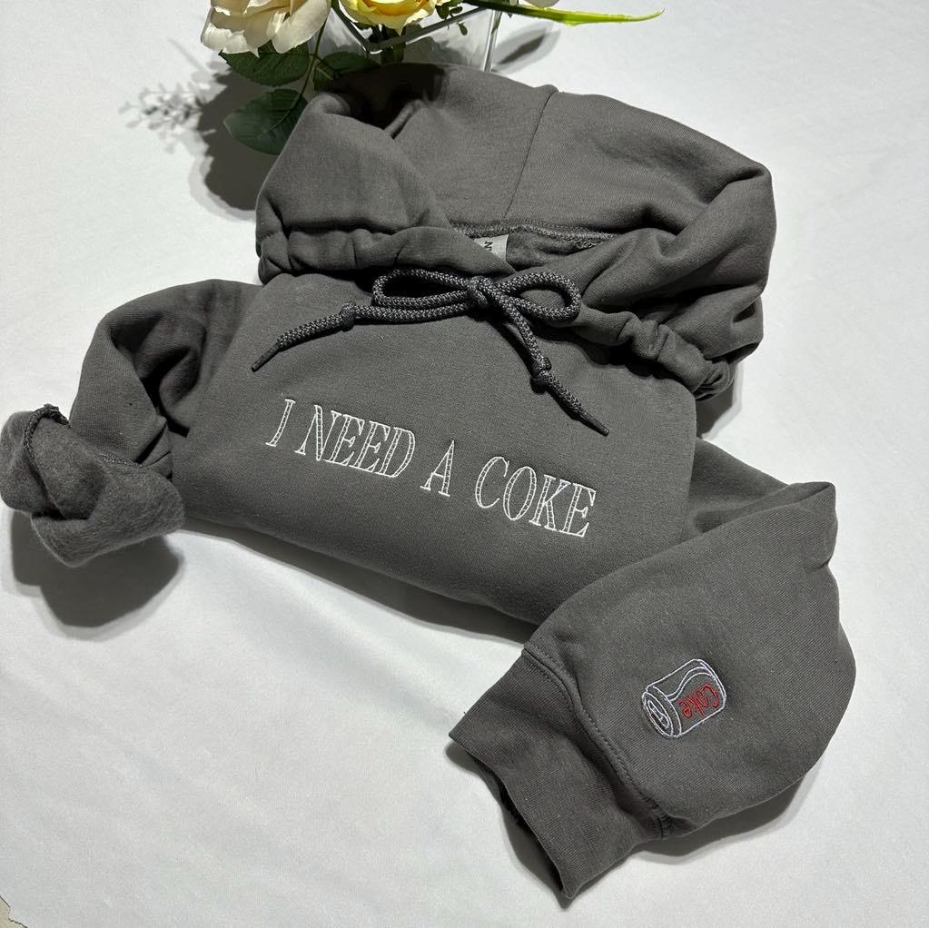 Embroidered "I Need a Coke" Hoodie: Soft Cotton Blend Crew Neck