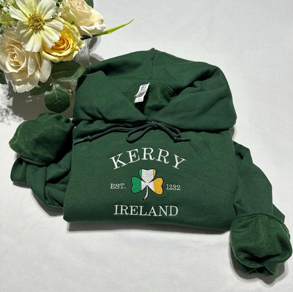 Kerry Ireland Embroidered Hoodie: St. Patrick's Day Irish Gift