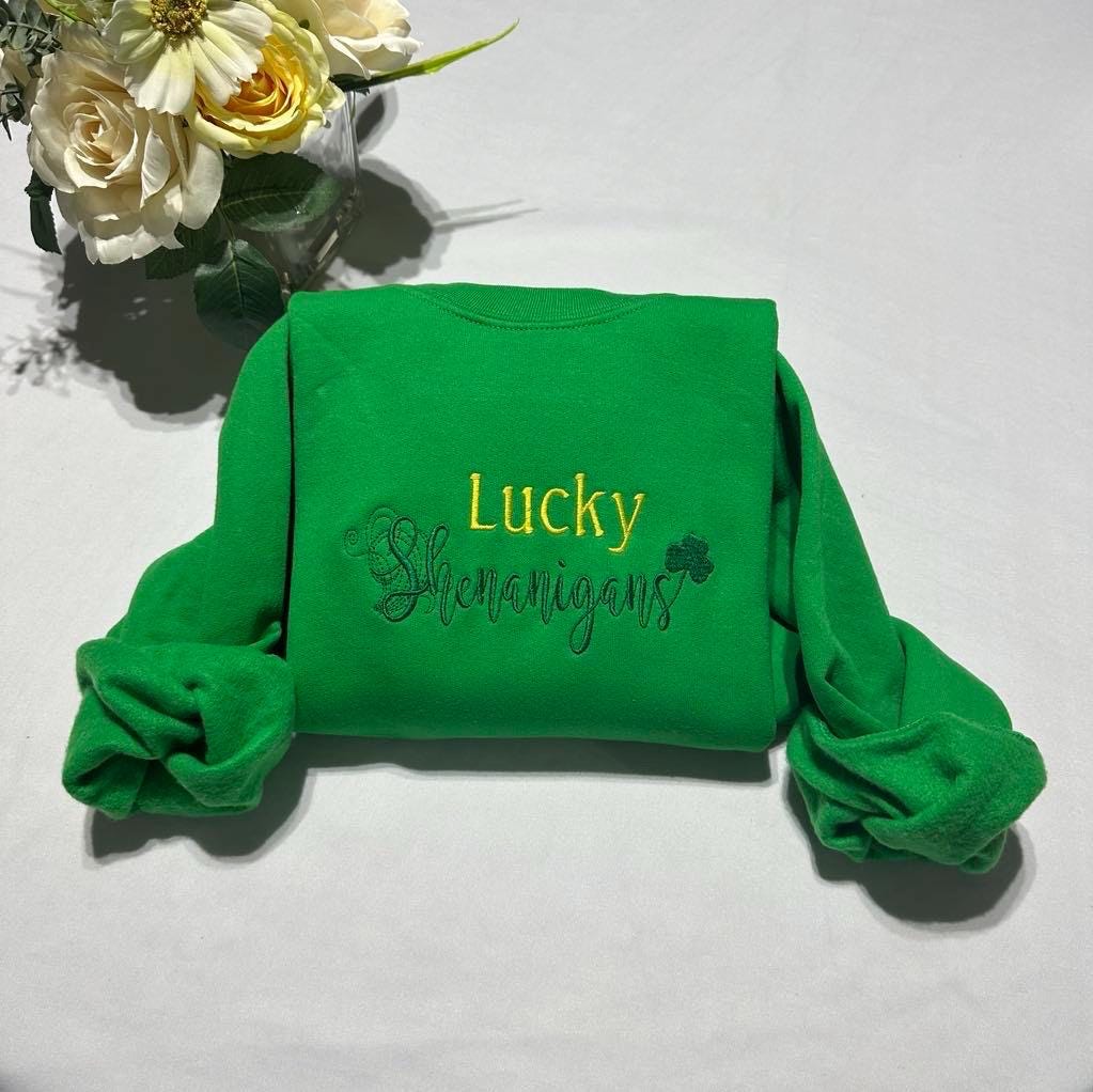 Embroidered St. Patrick's Day Sweatshirt: Lucky Shenanigans Crewneck