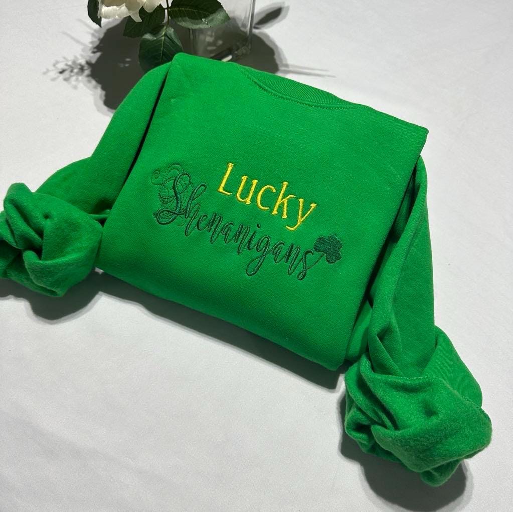 Embroidered St. Patrick's Day Sweatshirt: Lucky Shenanigans Crewneck