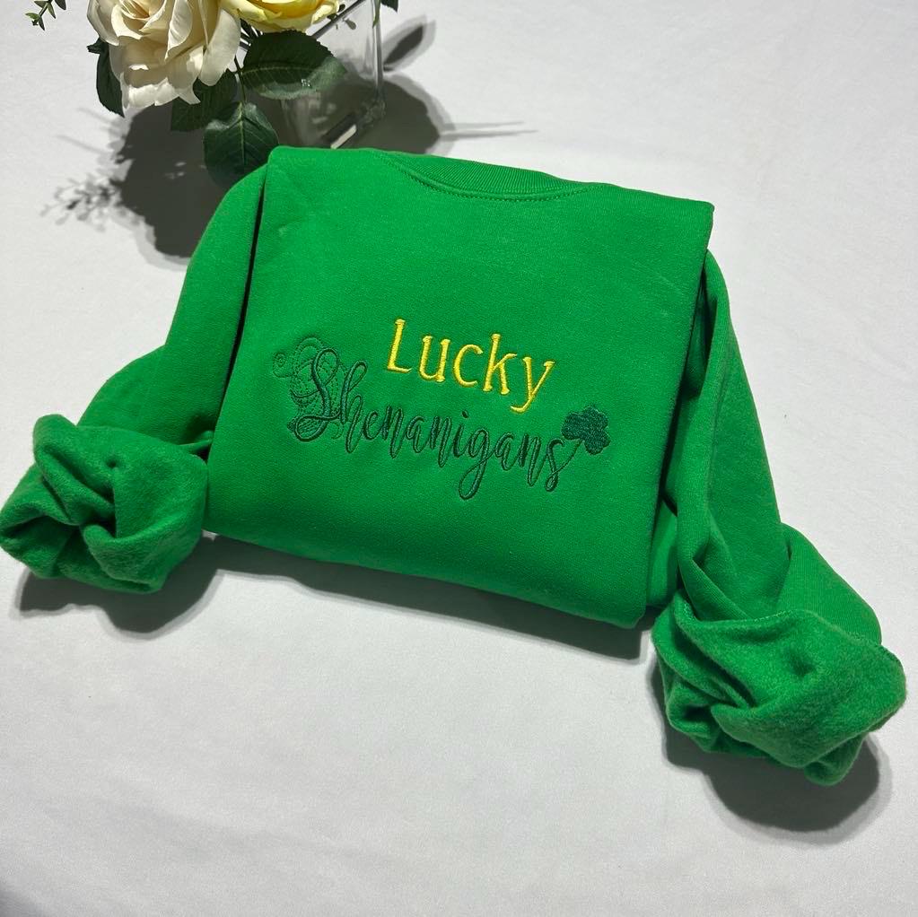 Embroidered St. Patrick's Day Sweatshirt: Lucky Shenanigans Crewneck