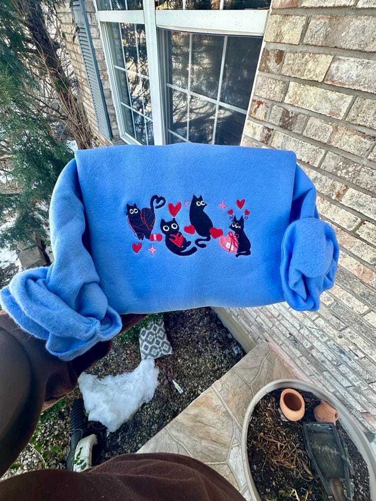 Black Cats Embroidered Valentine's Sweatshirt: Cat Lover Gift