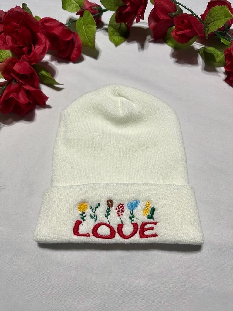 Floral Embroidered Beanie: "Love" Knit Winter Hat