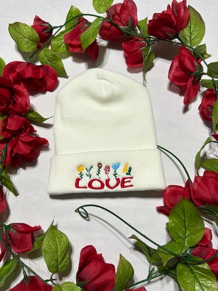 Floral Embroidered Beanie: "Love" Knit Winter Hat