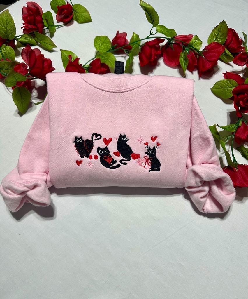 Black Cats Embroidered Valentine's Sweatshirt: Cat Lover Gift