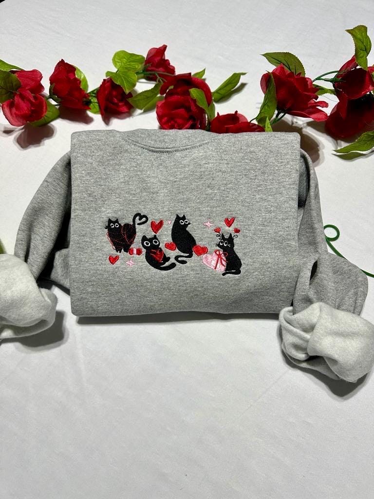 Black Cats Embroidered Valentine's Sweatshirt: Cat Lover Gift