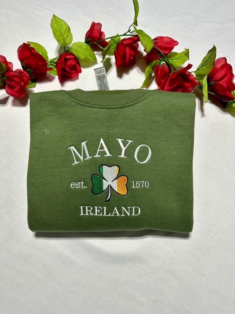 Mayo Ireland Embroidered Sweatshirt: Irish Shamrock Flag Design