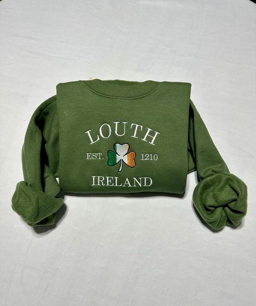 Embroidered Dublin Ireland Sweatshirt: Custom Irish Shamrock Varsity Sweater