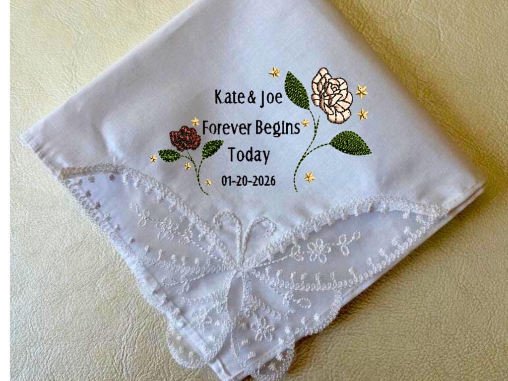 Custom Wedding Handkerchief”Forever Begins Today” Personalized Embroidered Bridal Hankie