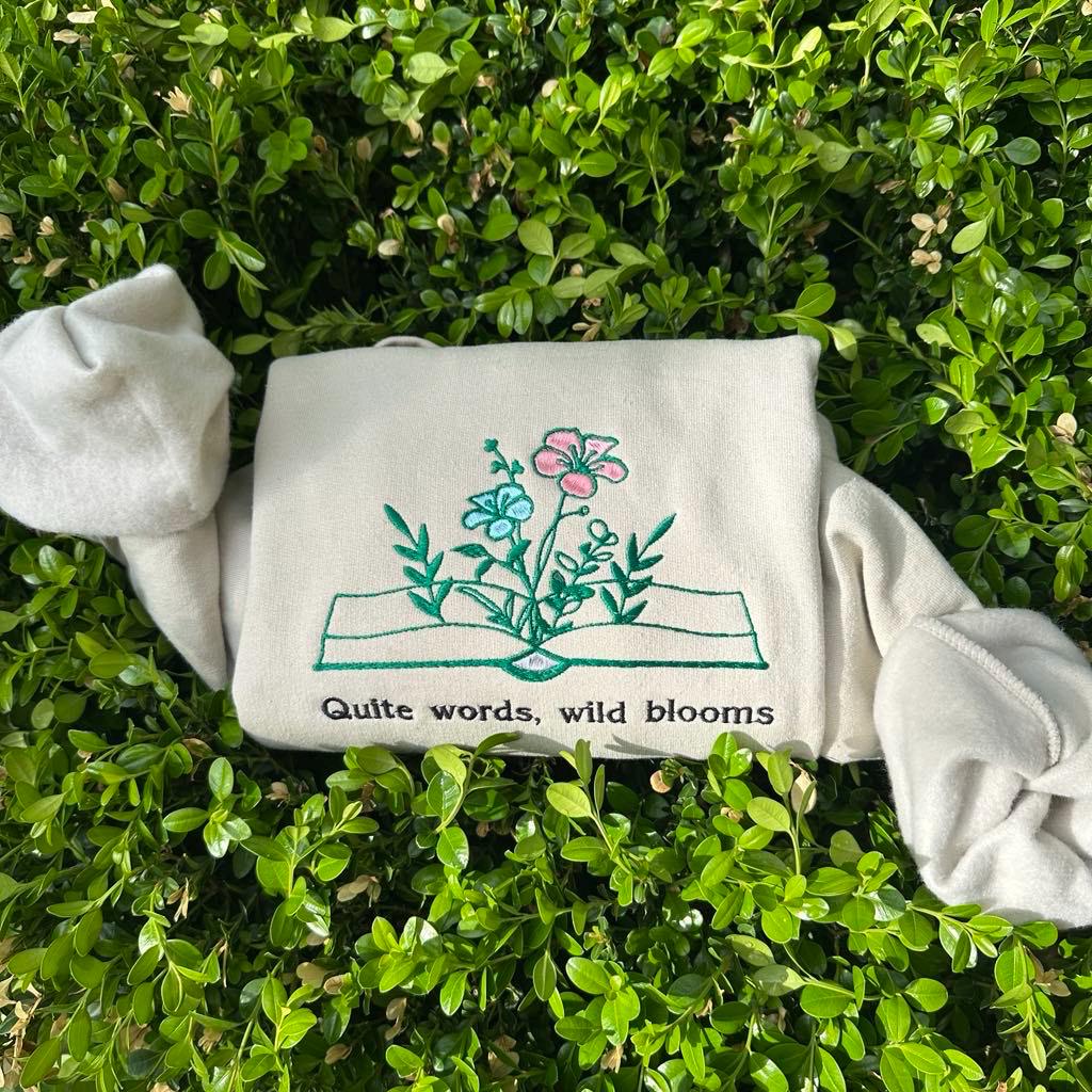 Embroidered Book & Wildflower Sweatshirt: Custom Quote, Gift for Book Lovers