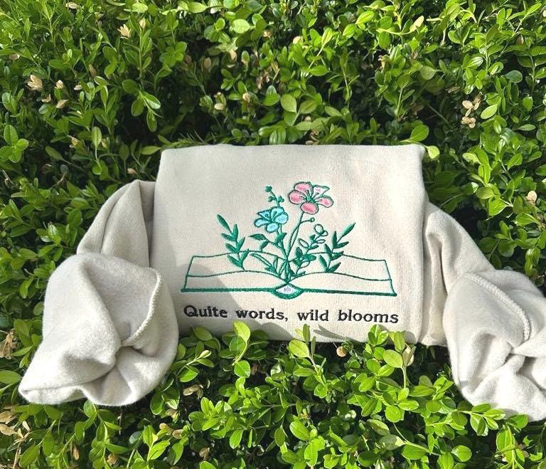 Embroidered Book & Wildflower Sweatshirt: Custom Quote, Gift for Book Lovers