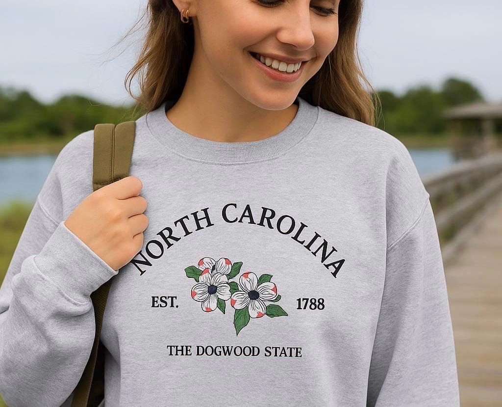 Embroidered North Carolina Dogwood Sweatshirt: State Flower Crewneck