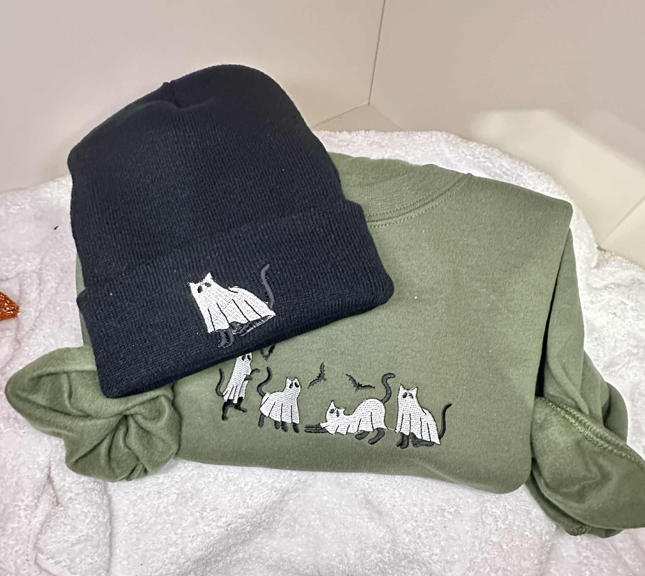 Embroidered Ghost Cat Beanie - Spooky Halloween Knit Hat