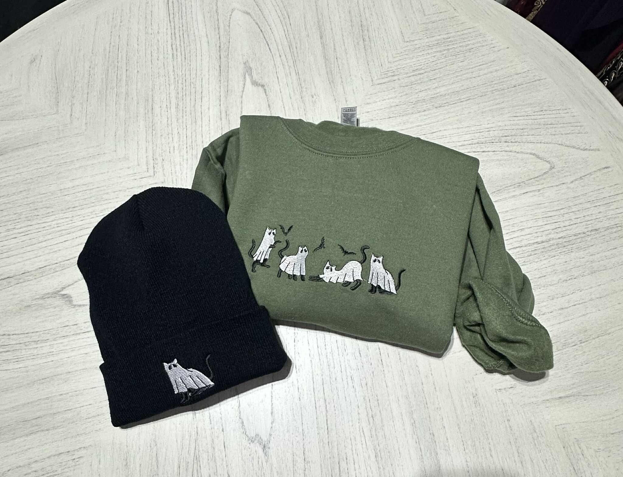 Embroidered Ghost Cat Beanie - Spooky Halloween Knit Hat