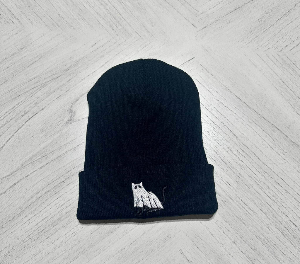 Embroidered Ghost Cat Beanie - Spooky Halloween Knit Hat