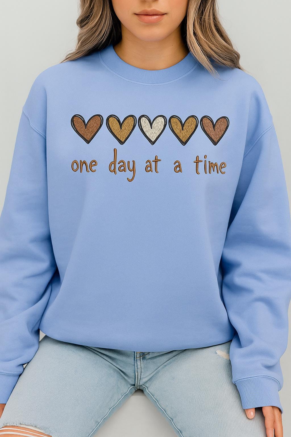 Embroidered One Day at a Time Sweatshirt | Mental Health Awareness Gift | Motivational Crewneck