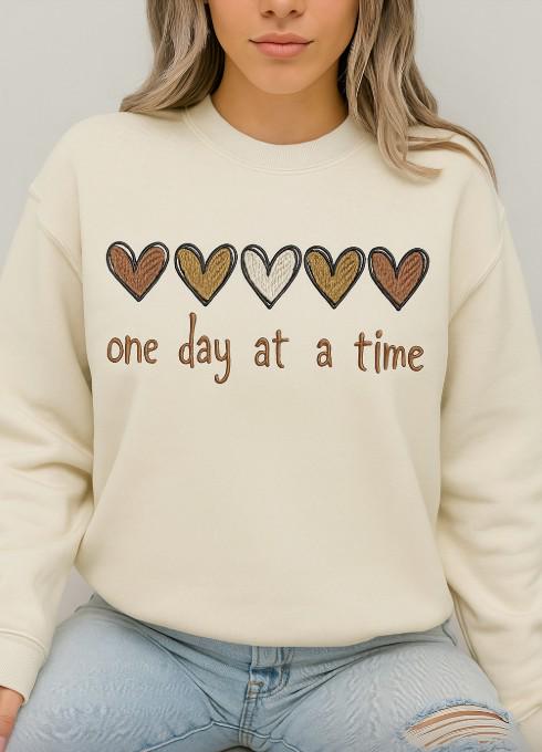 Embroidered One Day at a Time Sweatshirt | Mental Health Awareness Gift | Motivational Crewneck