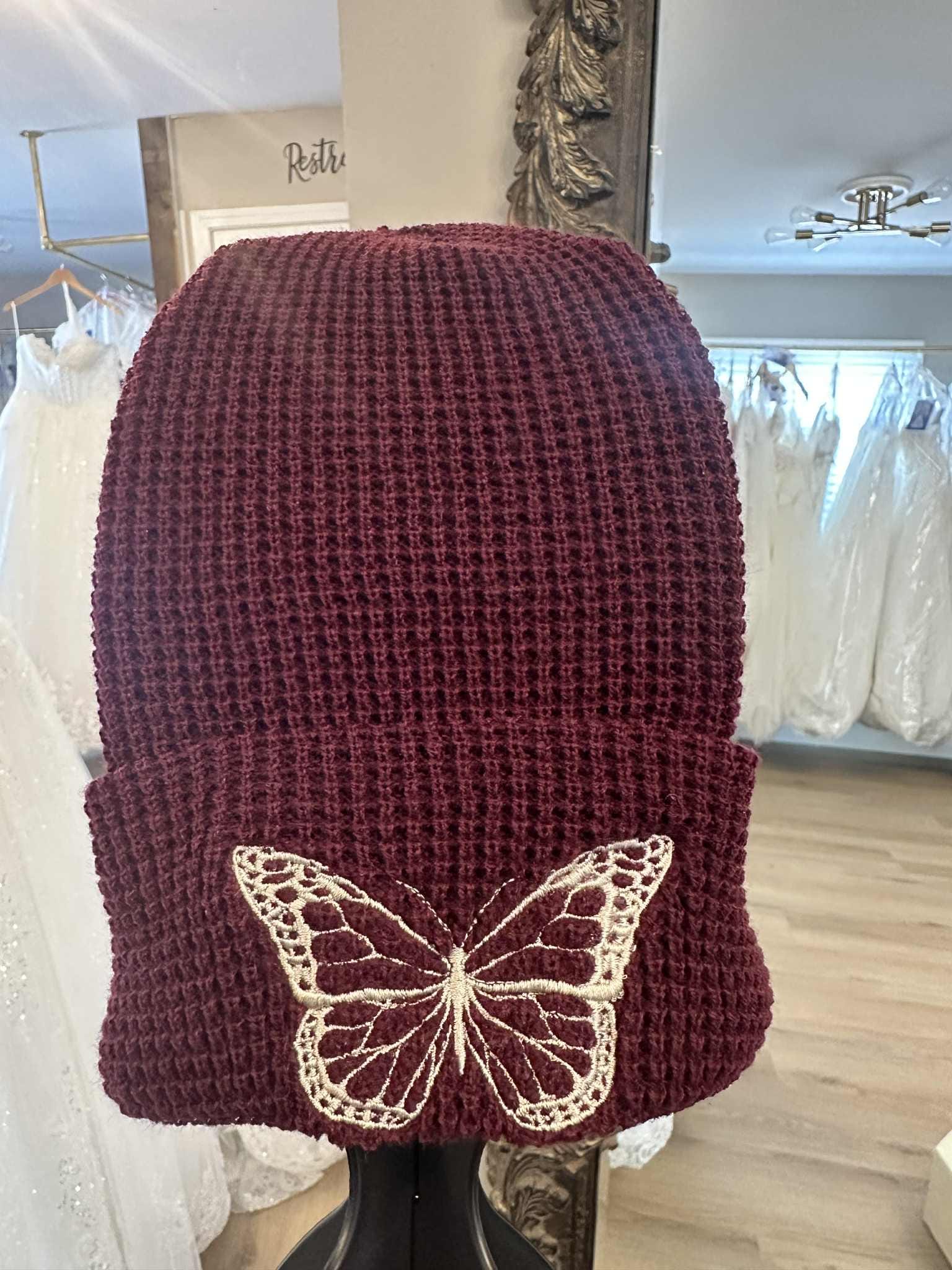 Embroidered Butterfly Waffle Knit Beanie: Breast Cancer Awareness