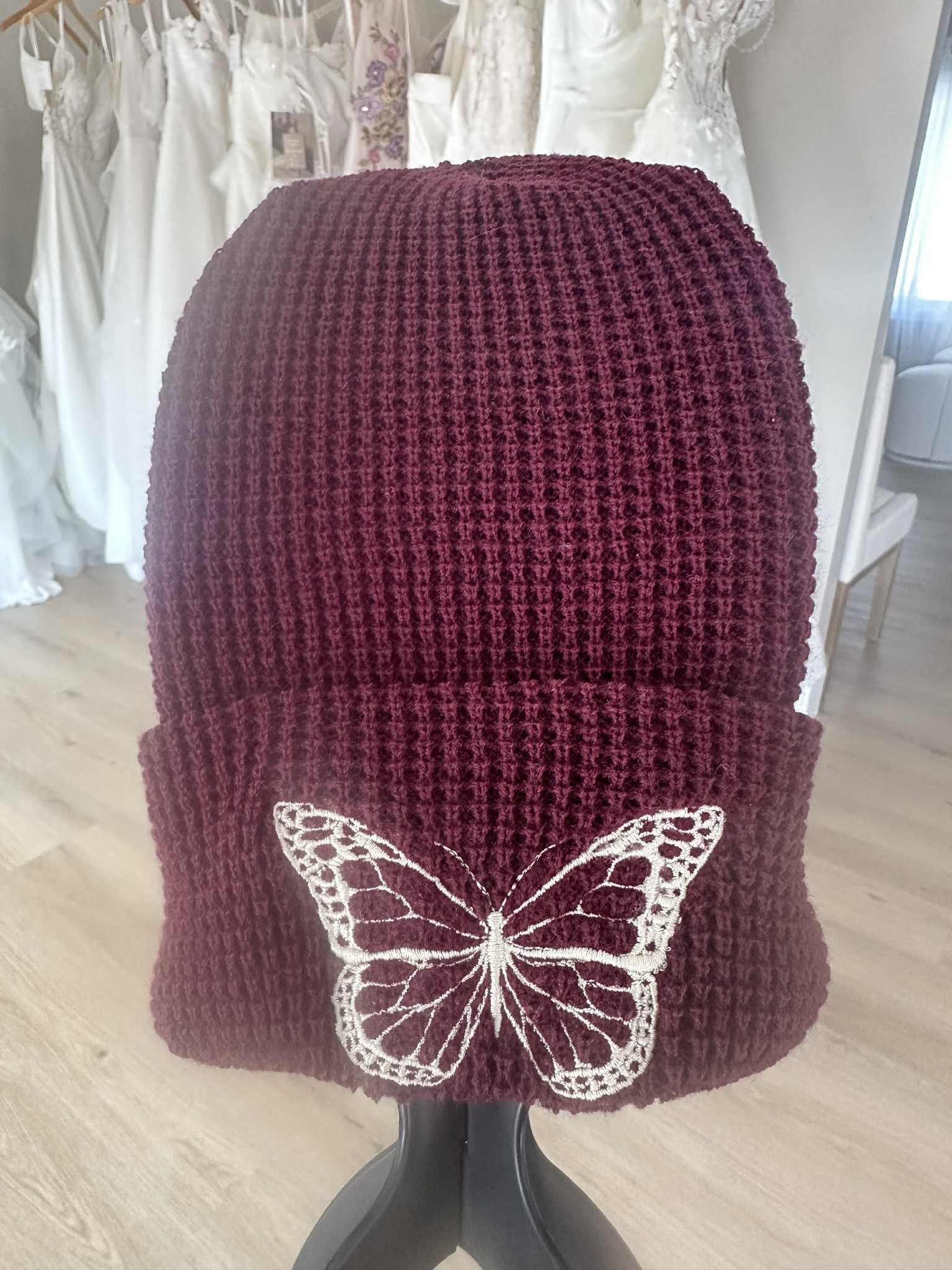 Embroidered Butterfly Waffle Knit Beanie: Breast Cancer Awareness