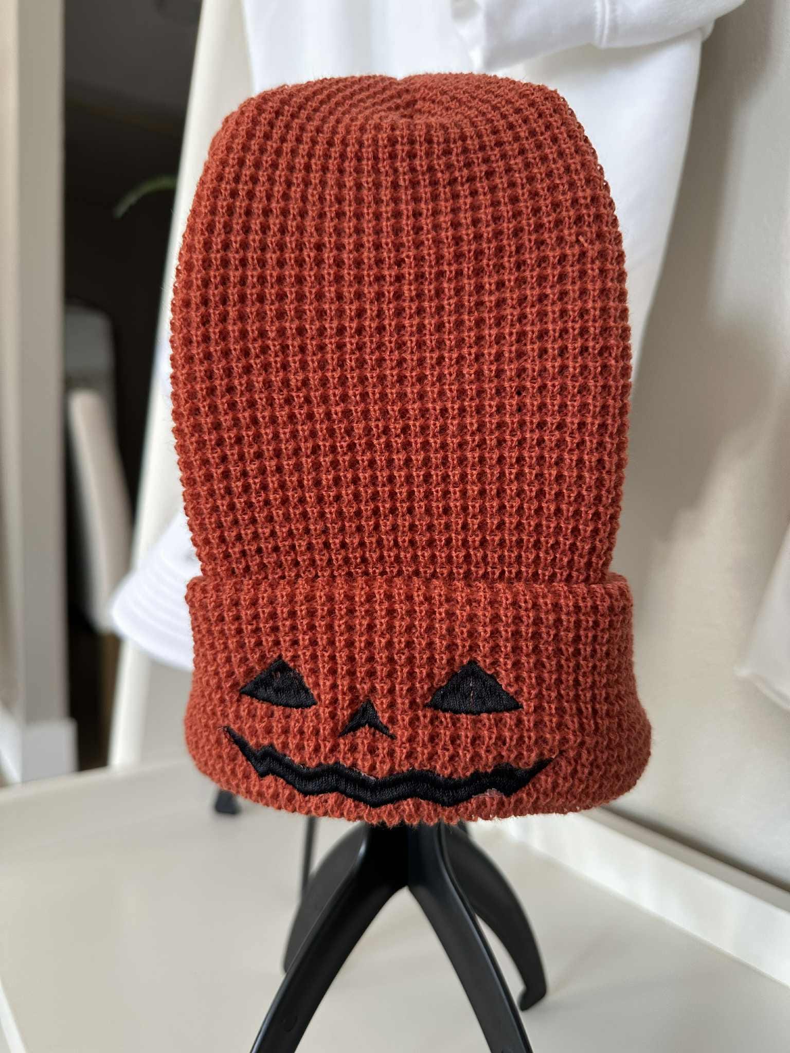 Embroidered Jack O' Lantern Beanie: Halloween Waffle Knit Hat