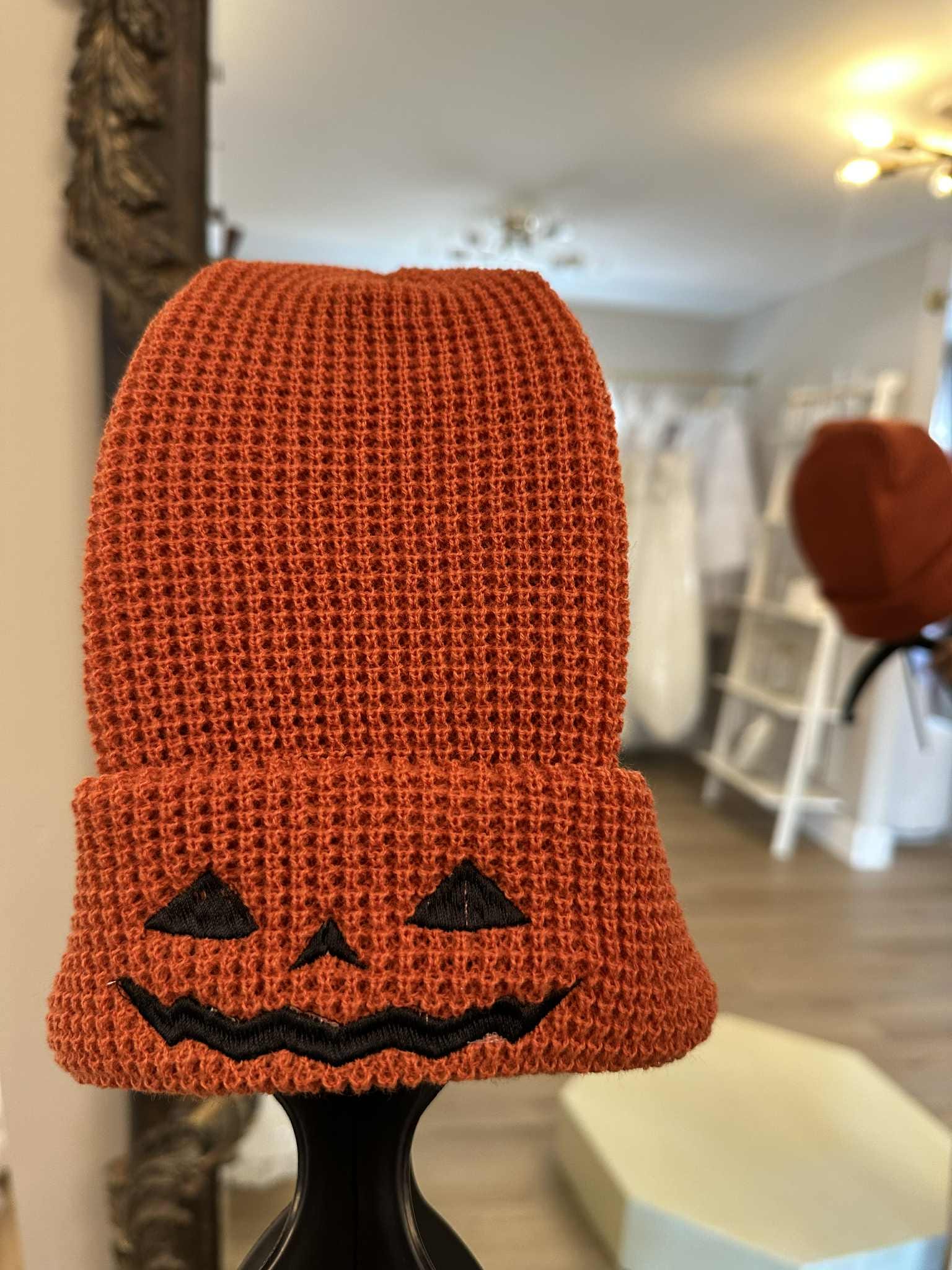 Embroidered Jack O' Lantern Beanie: Halloween Waffle Knit Hat
