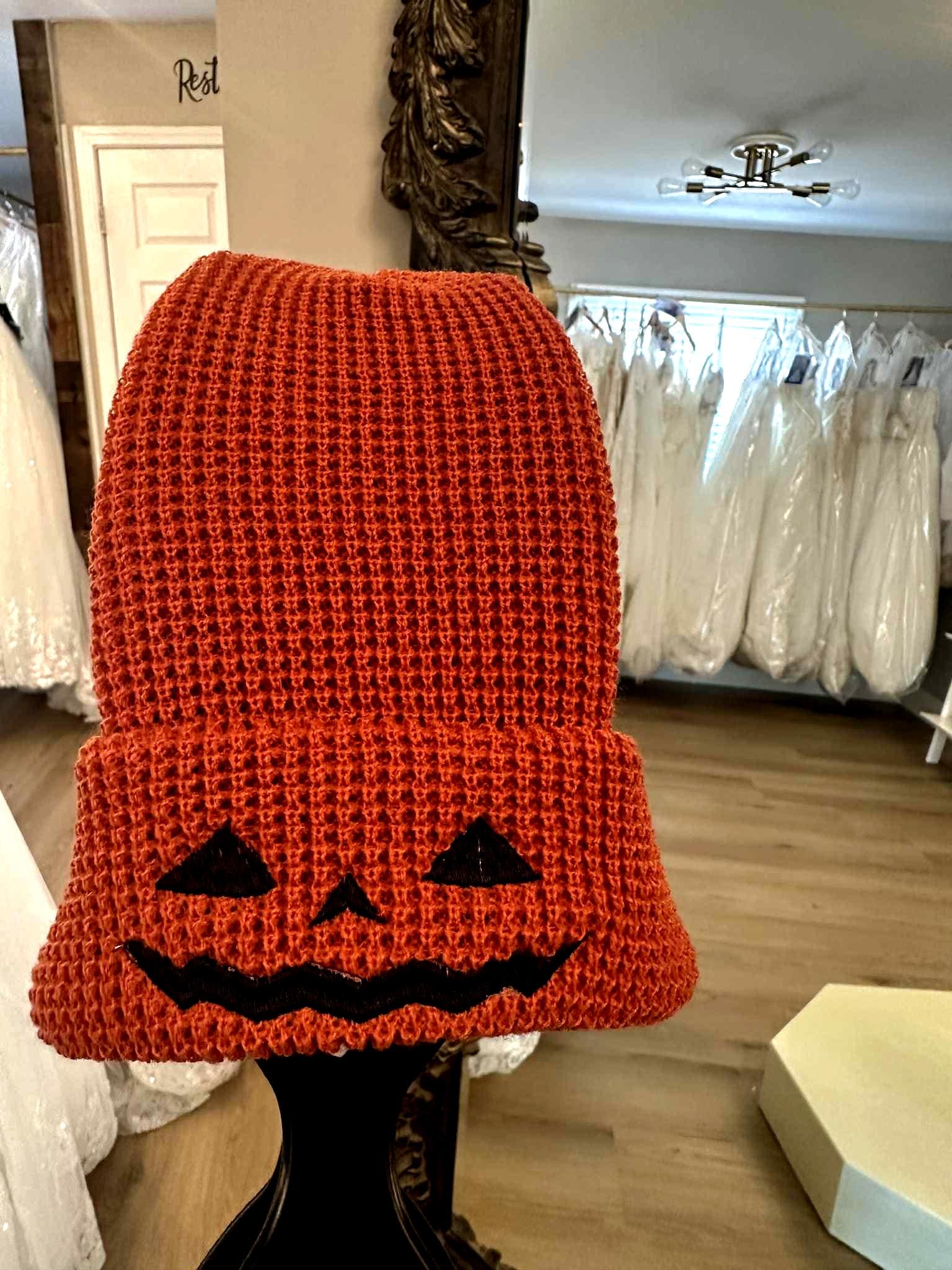 Embroidered Jack O' Lantern Beanie: Halloween Waffle Knit Hat