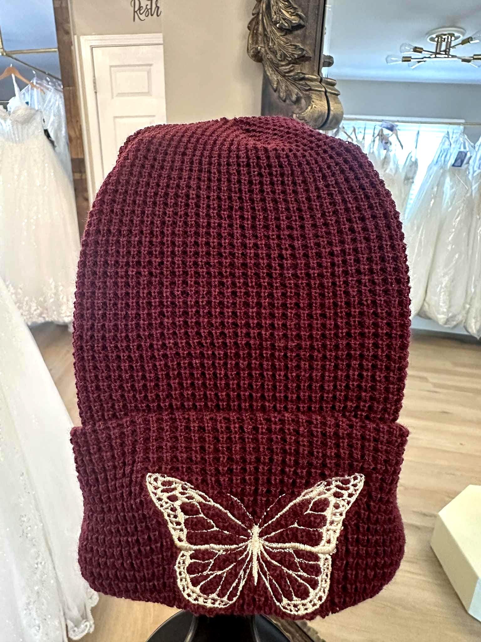 Embroidered Butterfly Waffle Knit Beanie: Breast Cancer Awareness