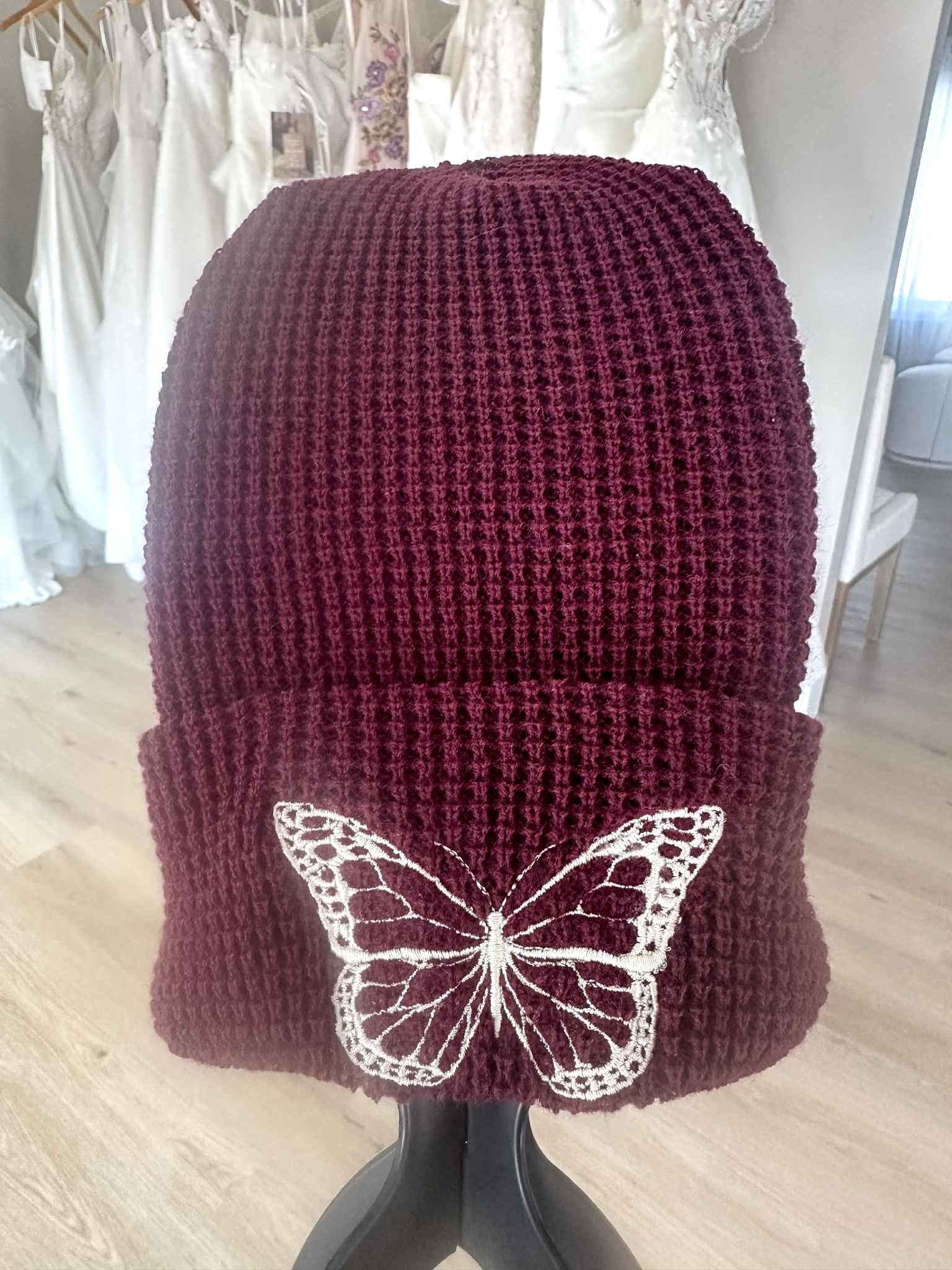 Embroidered Butterfly Waffle Knit Beanie: Breast Cancer Awareness