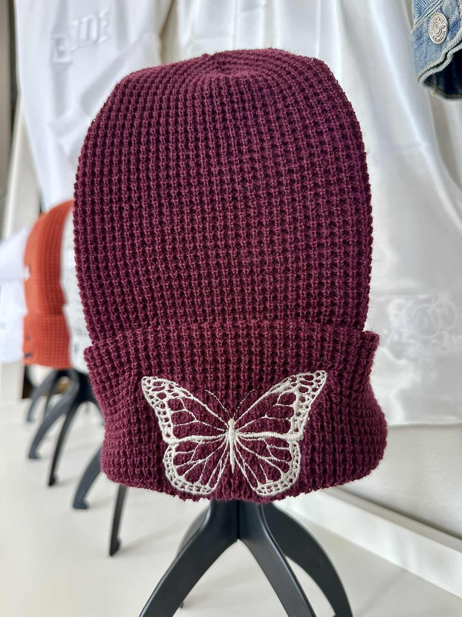 Embroidered Butterfly Waffle Knit Beanie: Breast Cancer Awareness