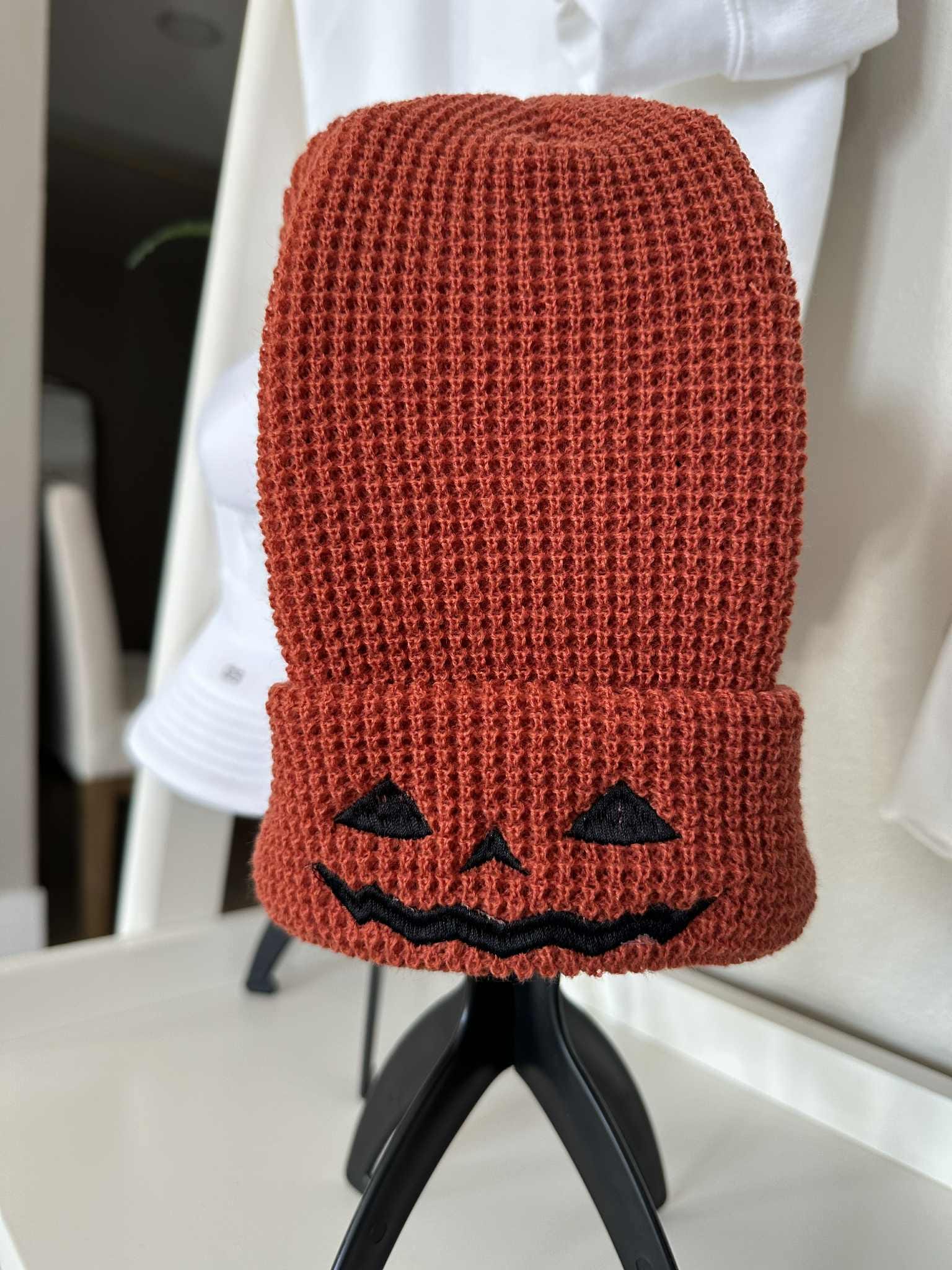 Embroidered Jack O' Lantern Beanie: Halloween Waffle Knit Hat