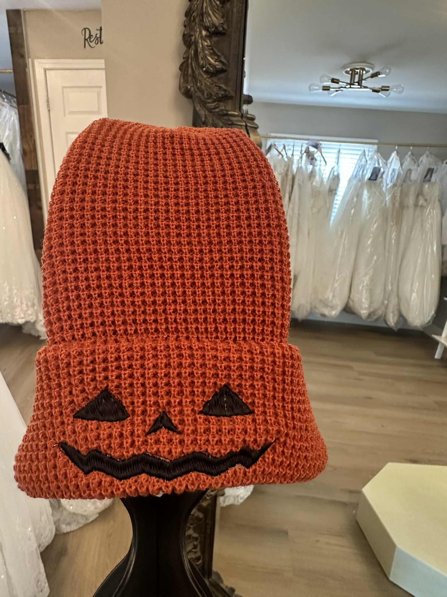 Embroidered Jack O' Lantern Beanie: Halloween Waffle Knit Hat