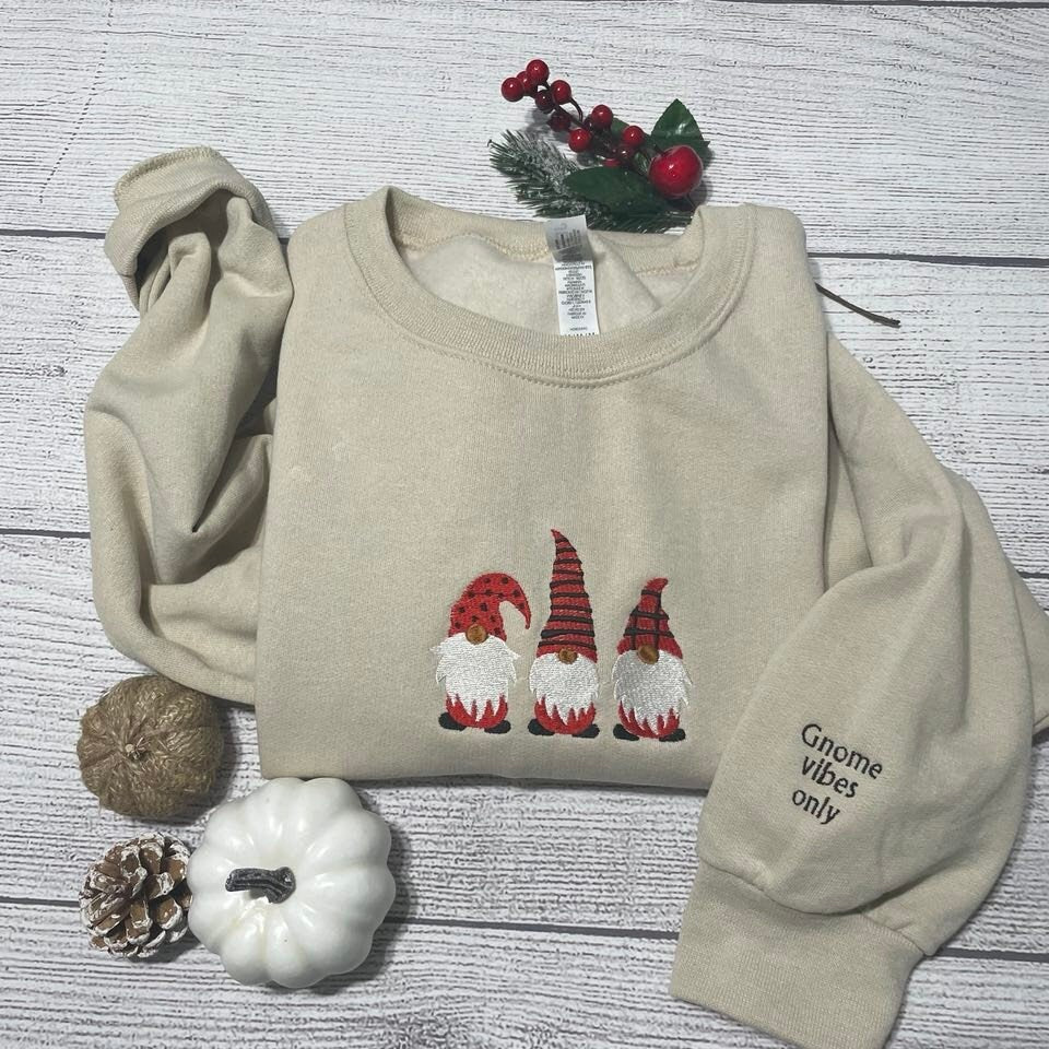 New Christmas Gnomes embroidery sweatshirt,  Gnome vibes only sweatshirt gnomes crewneck, merry Christmas sweatshirt;