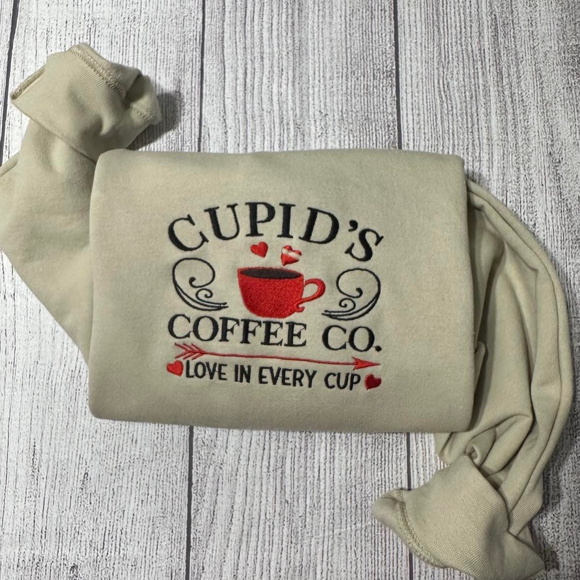 Cupid Coffee CO embroidered sweatshirt; Valentine embroidered sweatshirt; Coffee lover gift sweatshirt; gift for embroidered crewneck