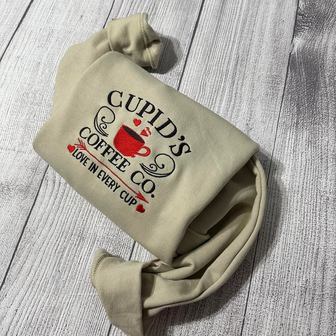 Cupid Coffee CO embroidered sweatshirt; Valentine embroidered sweatshirt; Coffee lover gift sweatshirt; gift for embroidered crewneck